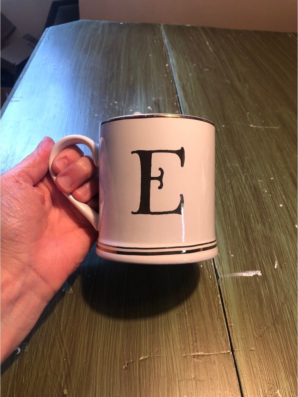 Sur La Table EUC White Metallic Monogram "E" Coffee Mug